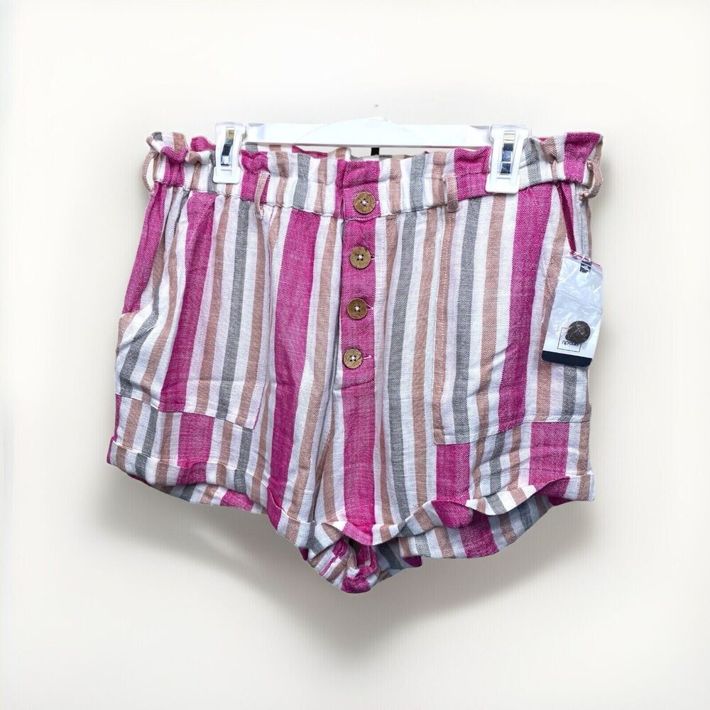 Rip Curl Pink Tan Striped Paper Bag Waist High Rise Shorts Size XL Casual Boho